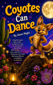cartoon coyote on a hill in the desert at night