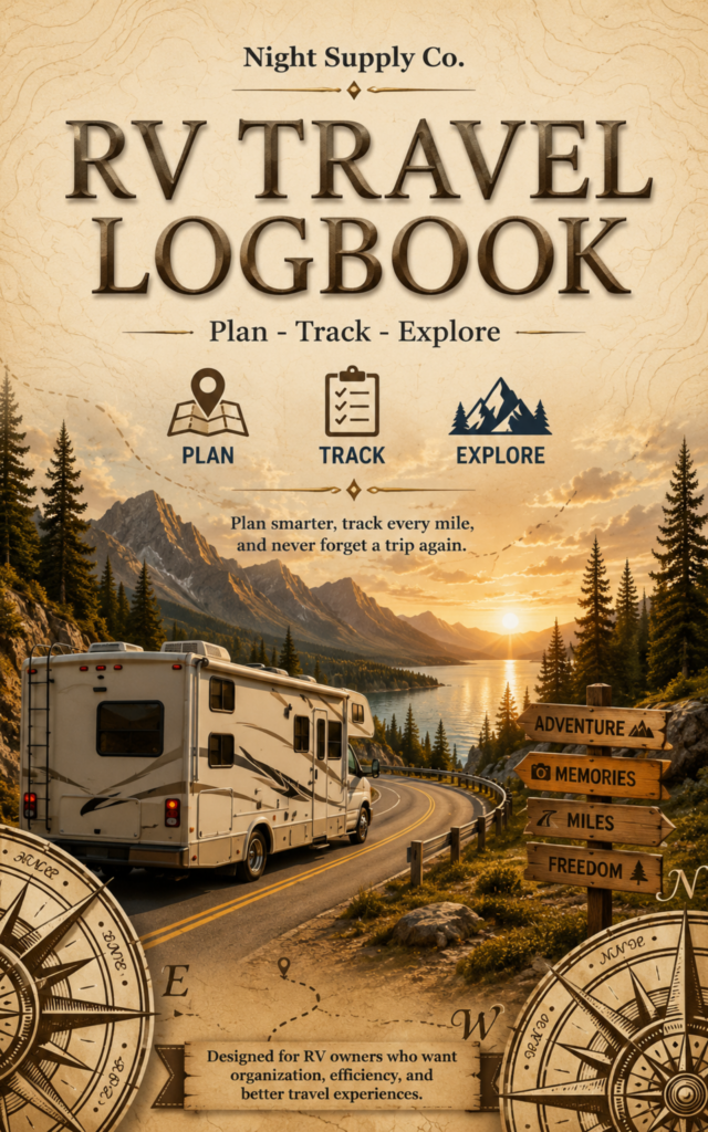Kdplogrv rv travel logbook with class c rv driving on mountain road at sunset by lake