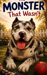 brindle pitbull laying in the grass in a yard with a white picket fence behind him