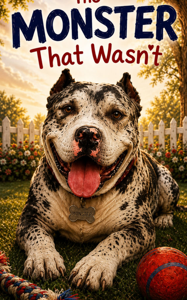 Kdpmonster brindle pitbull laying in the grass in a yard with a white picket fence behind him