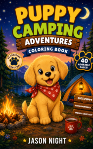 cartoon puppy at a campsite at night