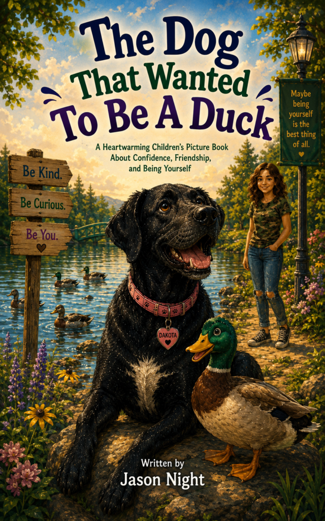 dogduckkindlecover black dog by stream with girl in the background