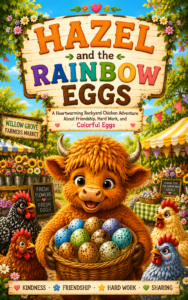 highland cow holding colorful eggs at a farmers market