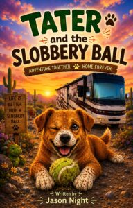 tan dog sitting with tennis ball in desert by rv